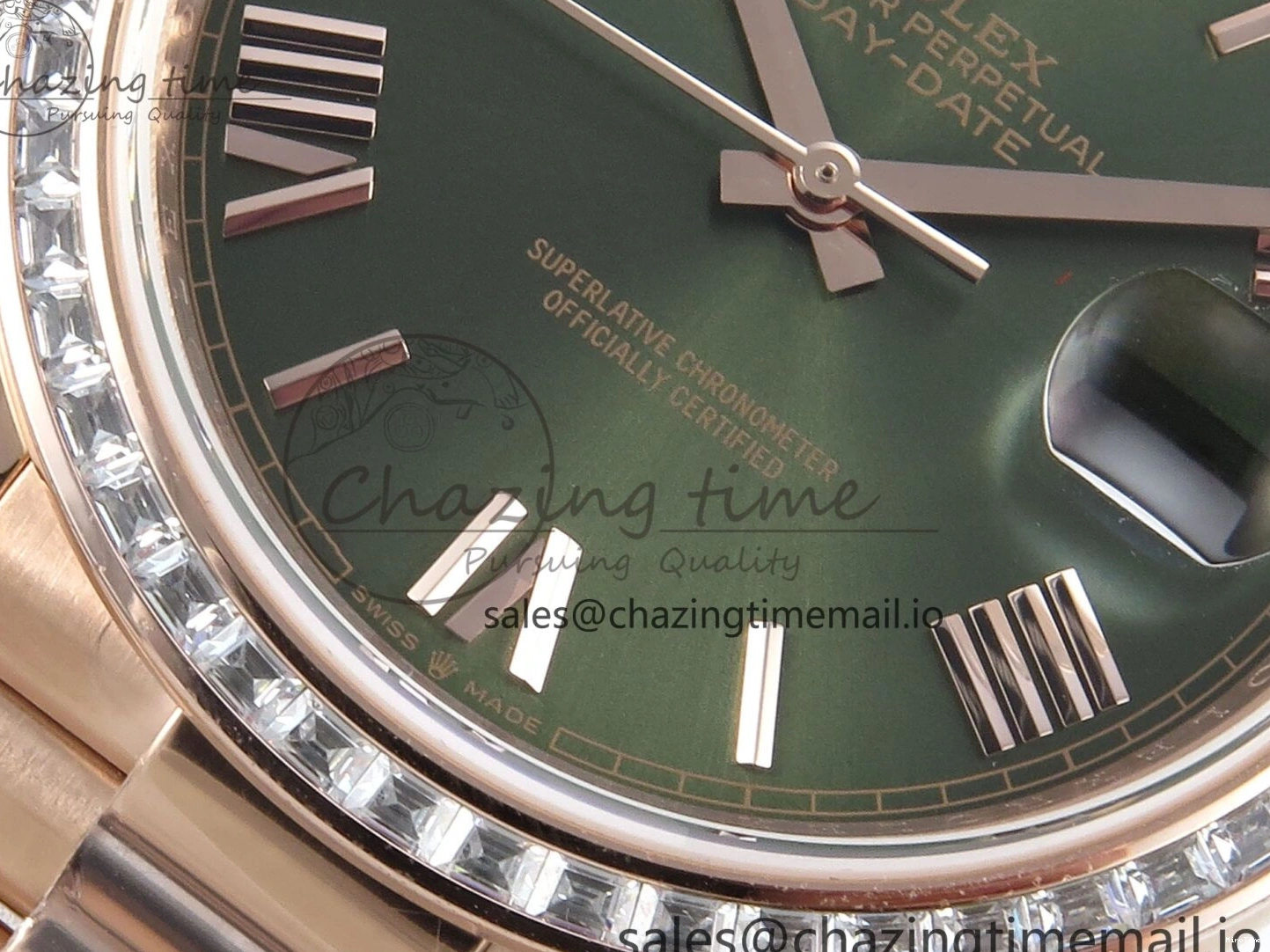 MiroTime 0310 Trendsetting DayDate 40 RG QF 1:1 Best Edition Green Roman Dial Diamonds Bezel on President Bracelet A2836 V5 (Gain Weight) 468